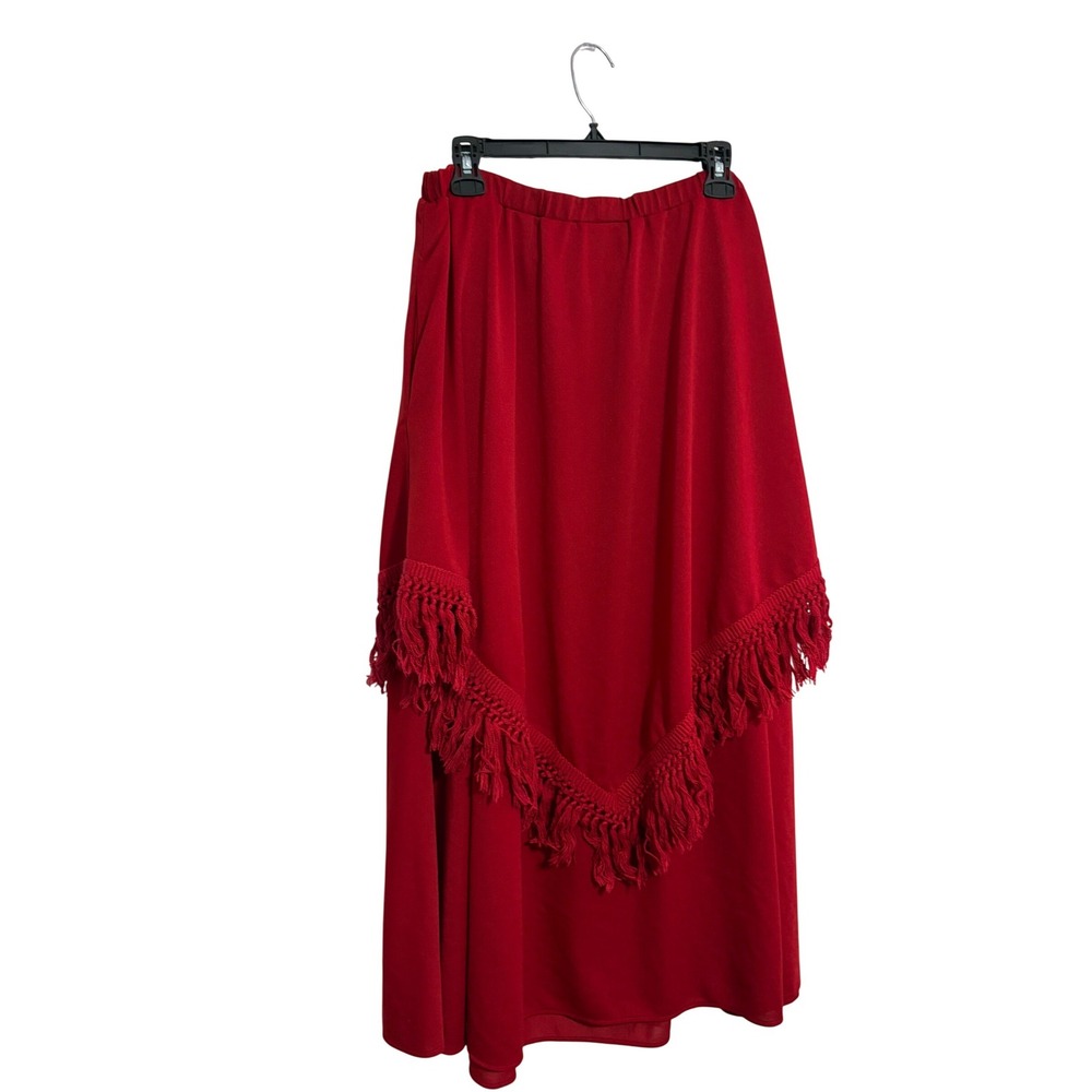 By Warell Maxi Skirt Boho Western Red Fringed Hem Pockets Small